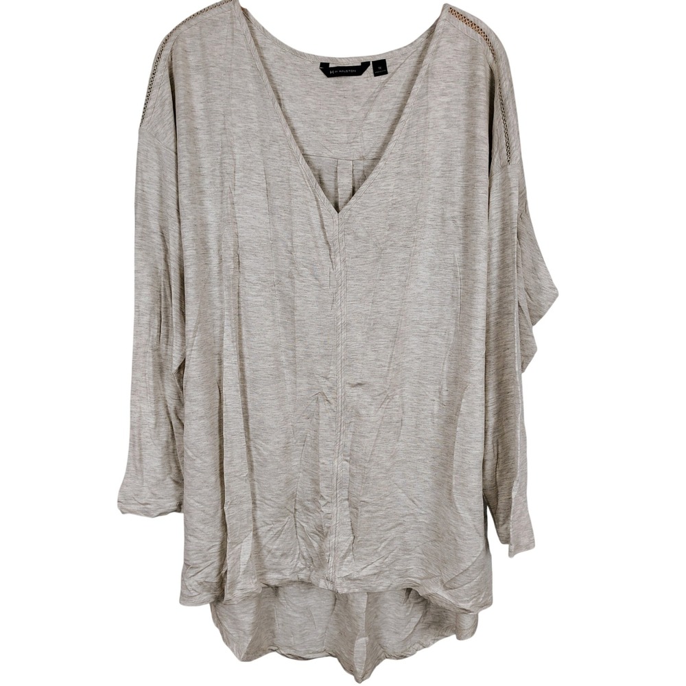 H by Halston Womens 1X V-Neck Tunic Top Beige Heathered Rayon Coastal Grandma
